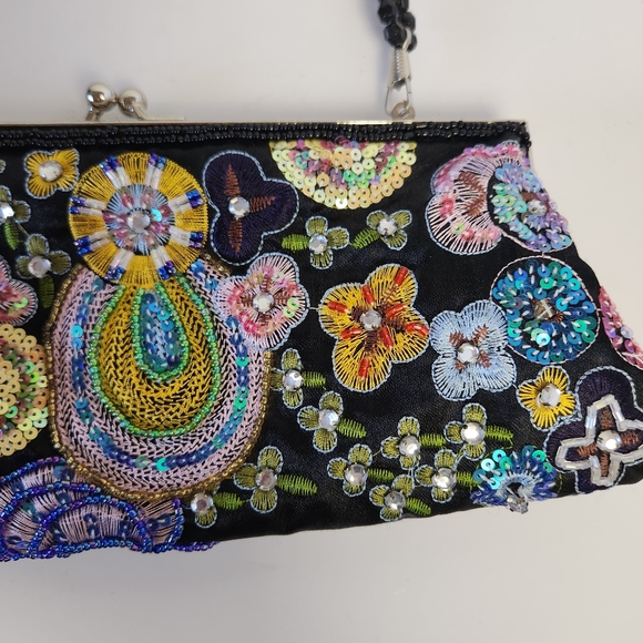 ❤️Sold!❤️ Vintage Black Embroidered Beaded Sequins Evening Bag Clutch Purse Y2K - Picture 3 of 10